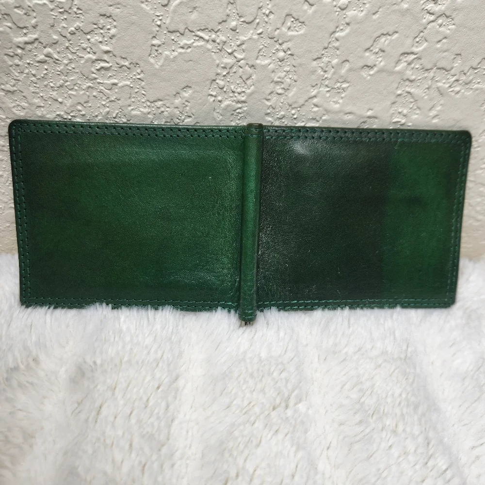 Vera Pelle Forest Green Leather Card Holder with Silver Tone Money Clip